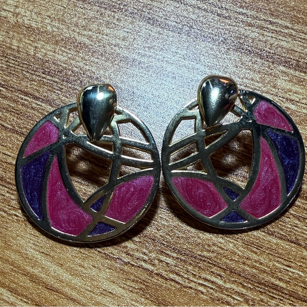 Vintage 90s Pink and Purple Geometric god tone Earrings